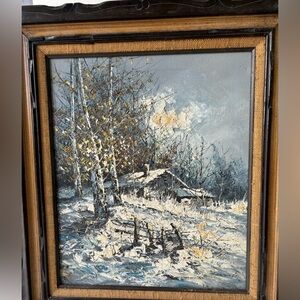 Vintage Signed Oil on Canvas Winter Landscape Painting w/ Houses
